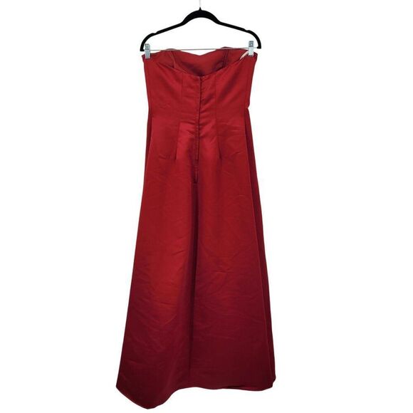 Red Satin Strapless Evening Gown Sz 12 Formal Dress Beaded Caped Skirt Prom Gala - Picture 9 of 12